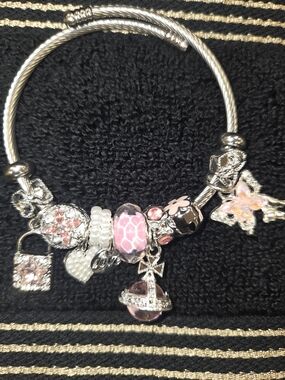Silver-Tone Pink Charm Bracelet with Beads and Dangles NWOT